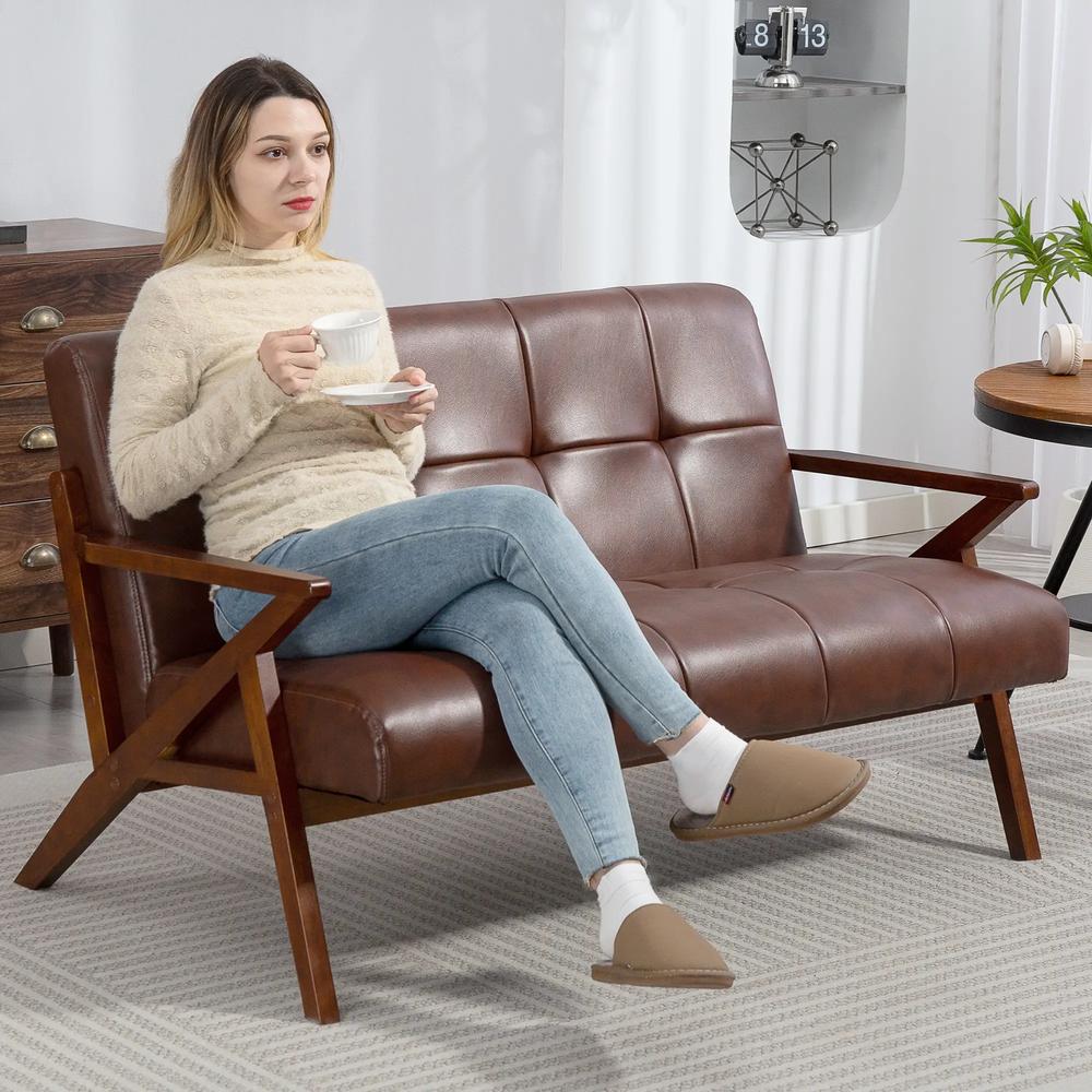 HOMCOM Compact 2 Seater Sofa, Vintage Tufted Loveseat Sofa with Solid Wood Legs, PU Leather Small Couch Settee for Living Room, Bedroom, Home Office, 133 x 81 x 78.5 cm, Brown Additional View 2