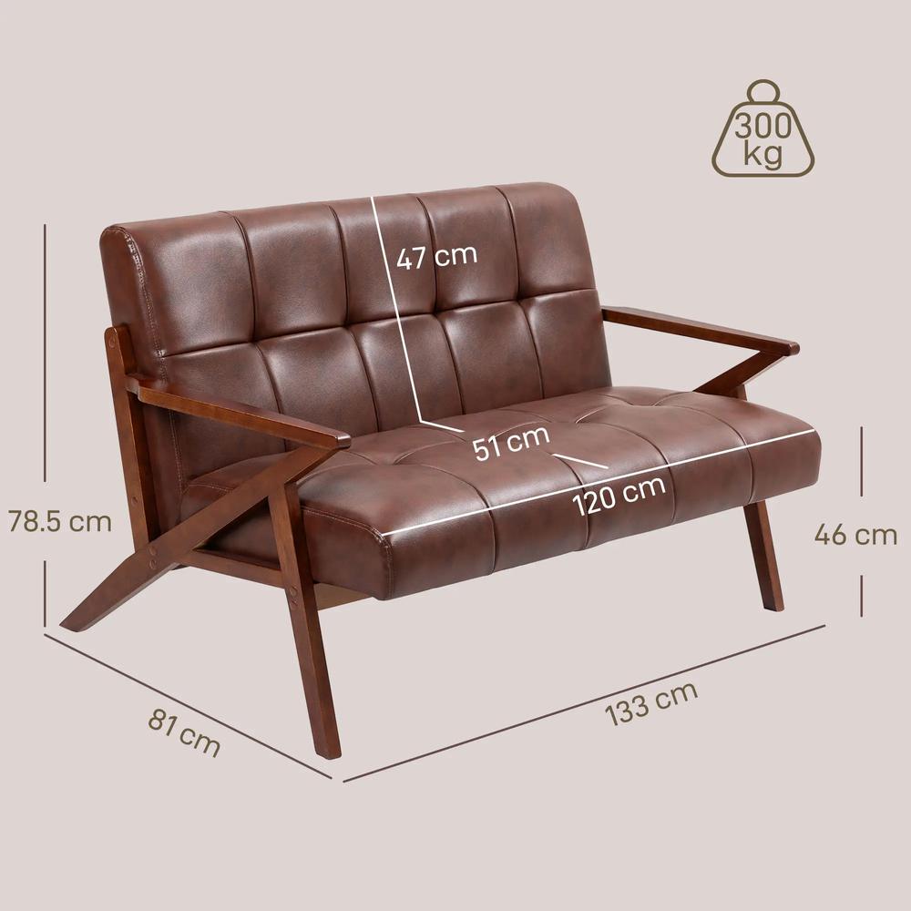 HOMCOM Compact 2 Seater Sofa, Vintage Tufted Loveseat Sofa with Solid Wood Legs, PU Leather Small Couch Settee for Living Room, Bedroom, Home Office, 133 x 81 x 78.5 cm, Brown Additional View 3