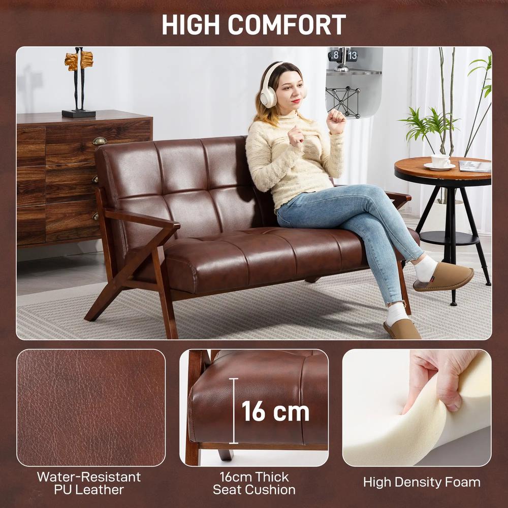 HOMCOM Compact 2 Seater Sofa, Vintage Tufted Loveseat Sofa with Solid Wood Legs, PU Leather Small Couch Settee for Living Room, Bedroom, Home Office, 133 x 81 x 78.5 cm, Brown Additional View 4