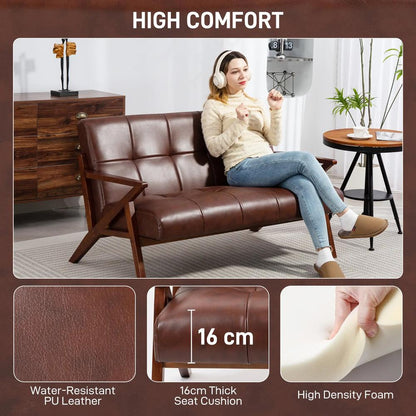 HOMCOM Compact 2 Seater Sofa, Vintage Tufted Loveseat Sofa with Solid Wood Legs, PU Leather Small Couch Settee for Living Room, Bedroom, Home Office, 133 x 81 x 78.5 cm, Brown Additional View 4