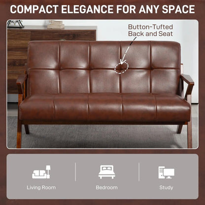 HOMCOM Compact 2 Seater Sofa, Vintage Tufted Loveseat Sofa with Solid Wood Legs, PU Leather Small Couch Settee for Living Room, Bedroom, Home Office, 133 x 81 x 78.5 cm, Brown Additional View 5