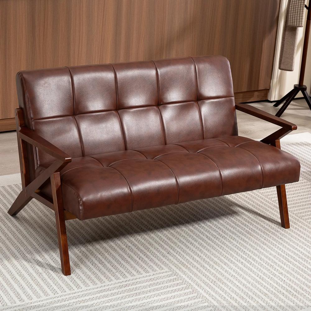 HOMCOM Compact 2 Seater Sofa, Vintage Tufted Loveseat Sofa with Solid Wood Legs, PU Leather Small Couch Settee for Living Room, Bedroom, Home Office, 133 x 81 x 78.5 cm, Brown Additional View 10