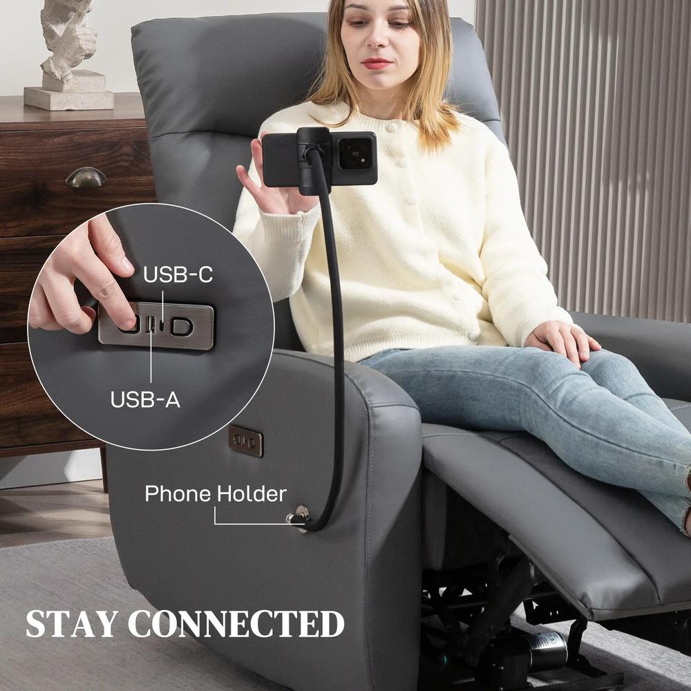 HOMCOM Electric Recliner Armchair with USB + Type C Charge Port, Phone Holder, PU Leather Reclining Chair with Adjustable Leg Rest, Recliner Chair for Home Living Room Theater Additional View 8