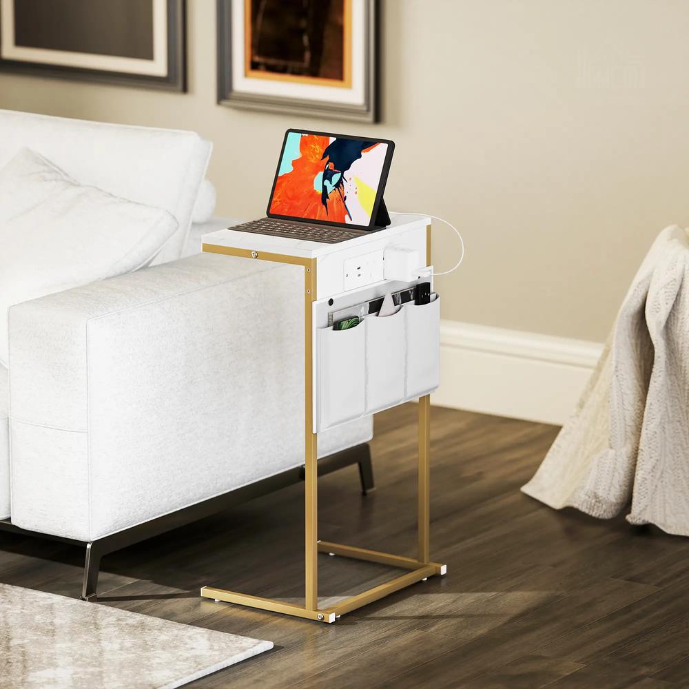 HOMCOM C-Shaped Bedside Table with Charging Station, Marble Grain Side Table with Power Outlets & USB Ports, Storage Bags, for Bedroom, Living Room, White Additional View 2