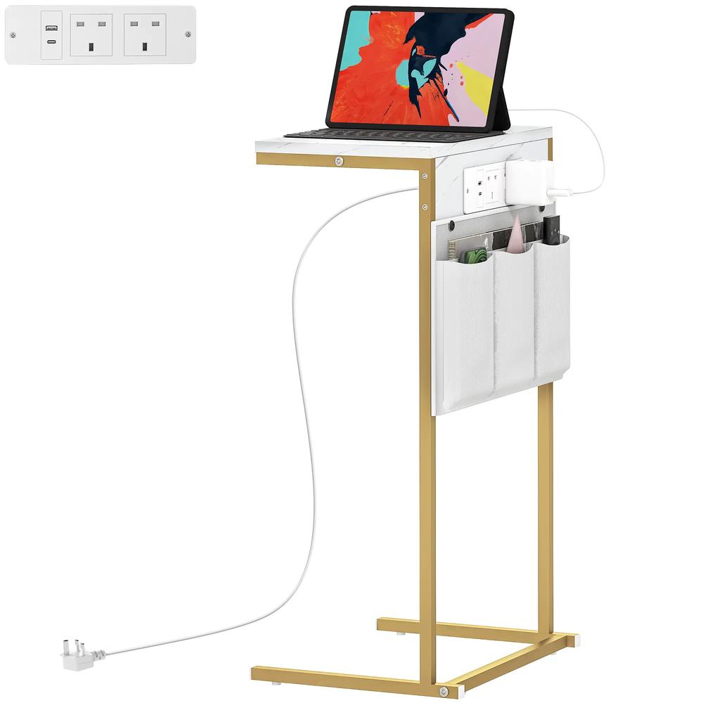 HOMCOM C-Shaped Bedside Table with Charging Station, Marble Grain Side Table with Power Outlets & USB Ports, Storage Bags, for Bedroom, Living Room, White Additional View 11