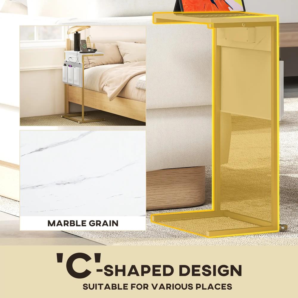 HOMCOM C-Shaped Bedside Table with Charging Station, Marble Grain Side Table with Power Outlets & USB Ports, Storage Bags, for Bedroom, Living Room, White Additional View 5