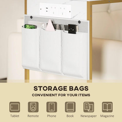 HOMCOM C-Shaped Bedside Table with Charging Station, Marble Grain Side Table with Power Outlets & USB Ports, Storage Bags, for Bedroom, Living Room, White Additional View 6
