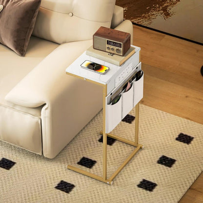 HOMCOM C-Shaped Bedside Table with Charging Station, Marble Grain Side Table with Power Outlets & USB Ports, Storage Bags, for Bedroom, Living Room, White Additional View 7