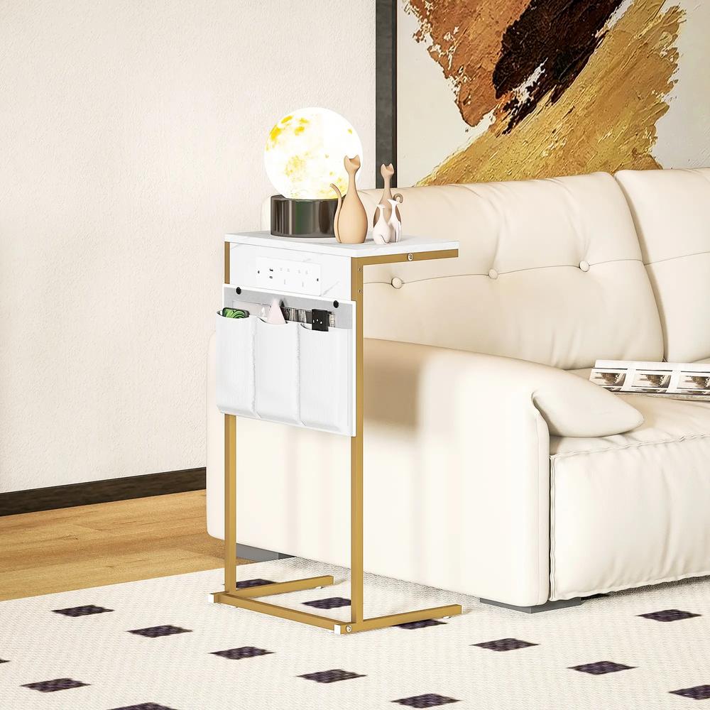 HOMCOM C-Shaped Bedside Table with Charging Station, Marble Grain Side Table with Power Outlets & USB Ports, Storage Bags, for Bedroom, Living Room, White Additional View 10