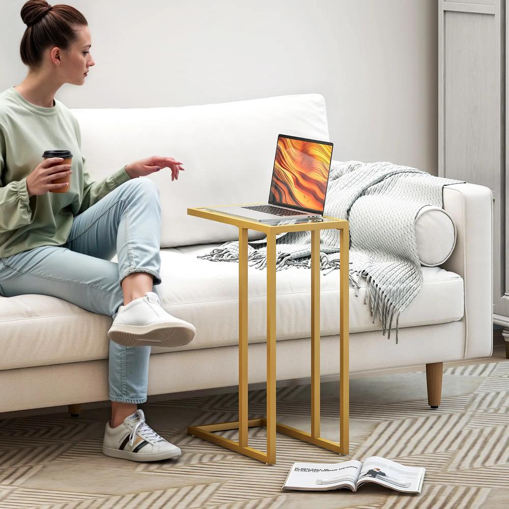 HOMCOM C-Shaped Side Table, Modern Slim End Table with Tempered Glass Tabletop, Steel Frame for Small Space, Living Room, Bedroom, Gold Tone Additional View 2