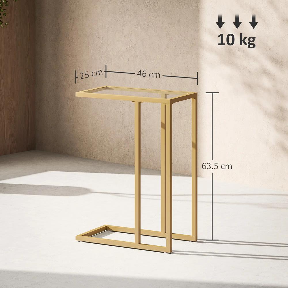 HOMCOM C-Shaped Side Table, Modern Slim End Table with Tempered Glass Tabletop, Steel Frame for Small Space, Living Room, Bedroom, Gold Tone Additional View 3