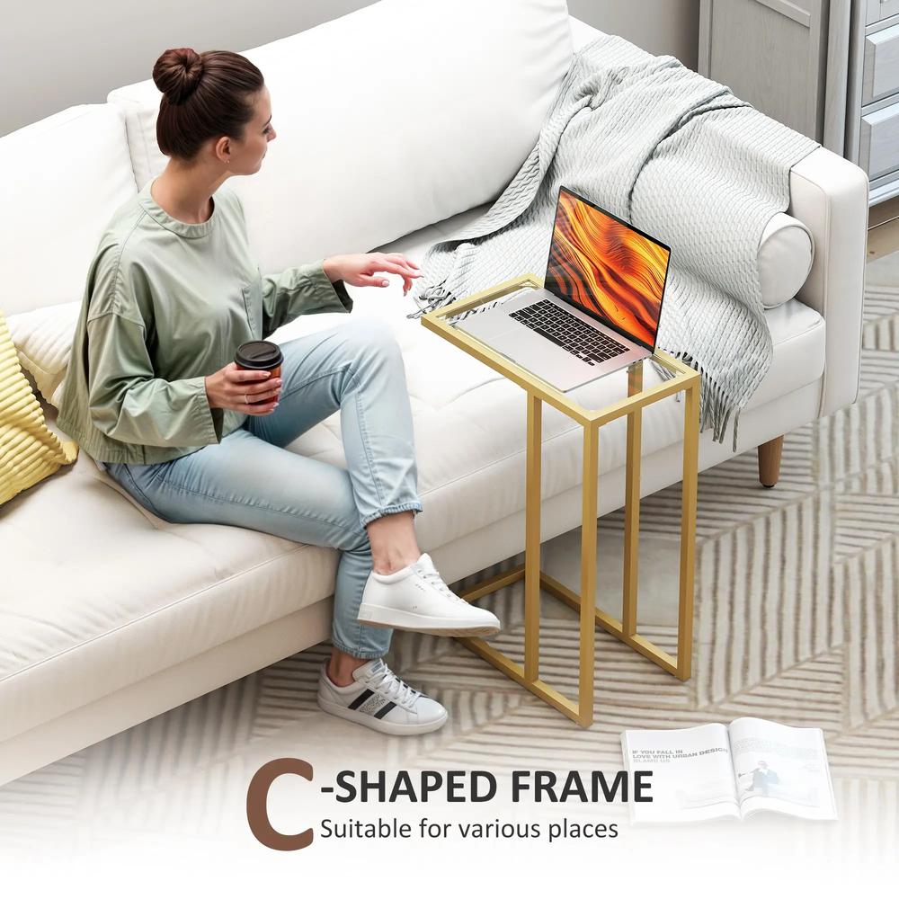 HOMCOM C-Shaped Side Table, Modern Slim End Table with Tempered Glass Tabletop, Steel Frame for Small Space, Living Room, Bedroom, Gold Tone Additional View 4