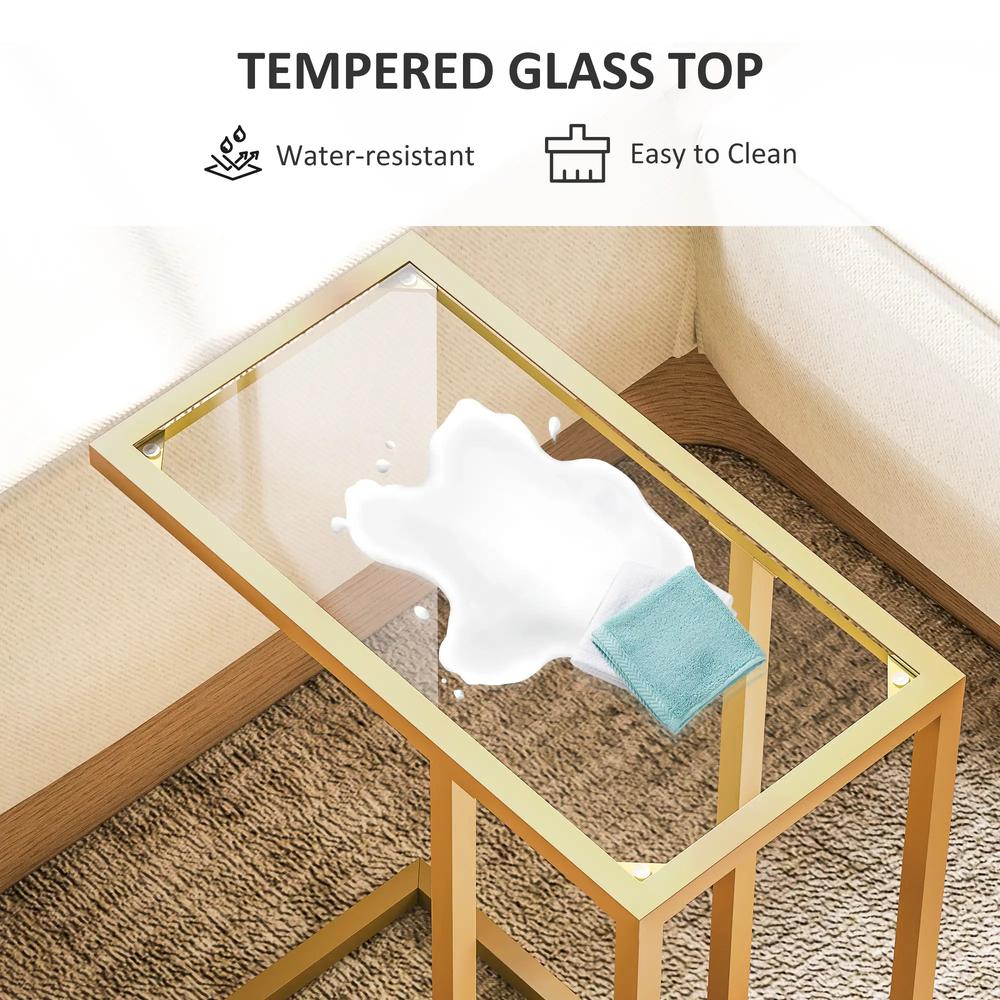 HOMCOM C-Shaped Side Table, Modern Slim End Table with Tempered Glass Tabletop, Steel Frame for Small Space, Living Room, Bedroom, Gold Tone Additional View 5