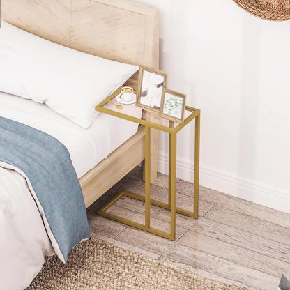 HOMCOM C-Shaped Side Table, Modern Slim End Table with Tempered Glass Tabletop, Steel Frame for Small Space, Living Room, Bedroom, Gold Tone Additional View 7