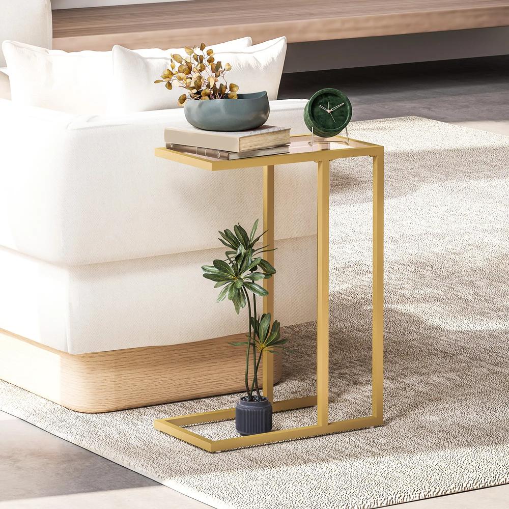 HOMCOM C-Shaped Side Table, Modern Slim End Table with Tempered Glass Tabletop, Steel Frame for Small Space, Living Room, Bedroom, Gold Tone Additional View 8