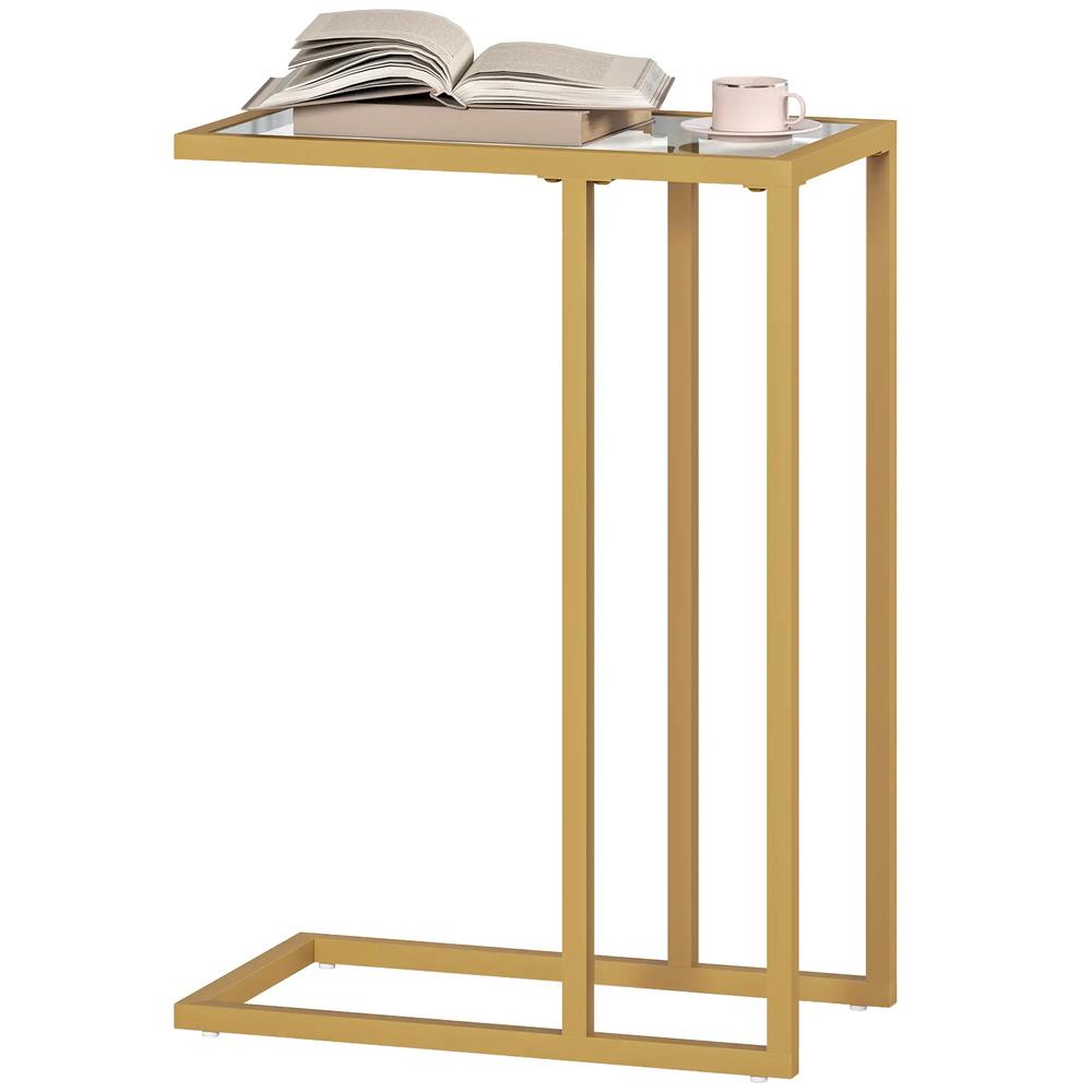 HOMCOM C-Shaped Side Table, Modern Slim End Table with Tempered Glass Tabletop, Steel Frame for Small Space, Living Room, Bedroom, Gold Tone Additional View 9