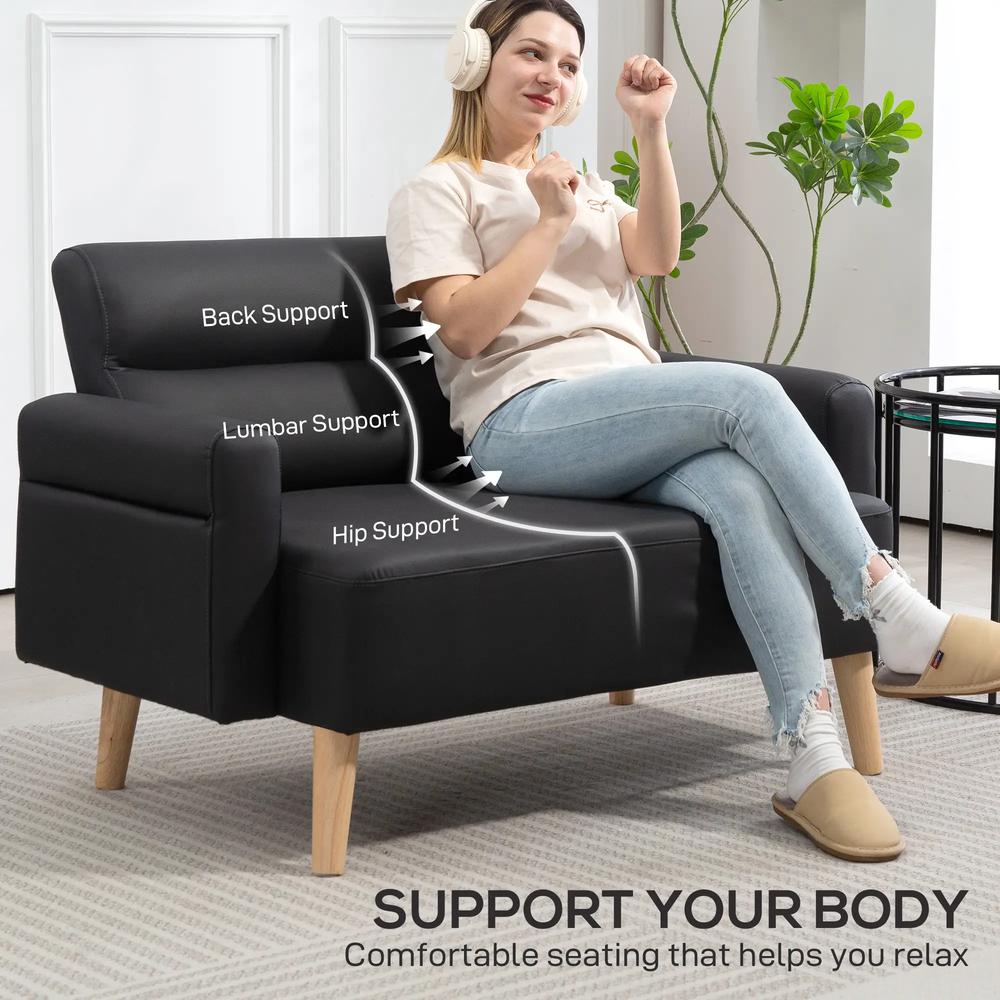 HOMCOM Small Faux Leather 2 Seater Sofa Settee - Black Additional View 5