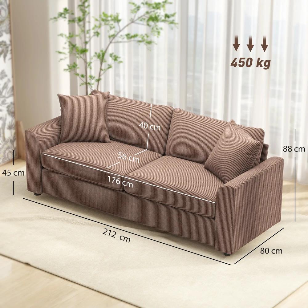 HOMCOM 3 Seater Sofa, 212cm Corduroy Couch with Spring Cushion, Wide and Deep Seat, Plush Backrest, 2 Pillows, Sofa Settee for Living Room, Home Office Additional View 14