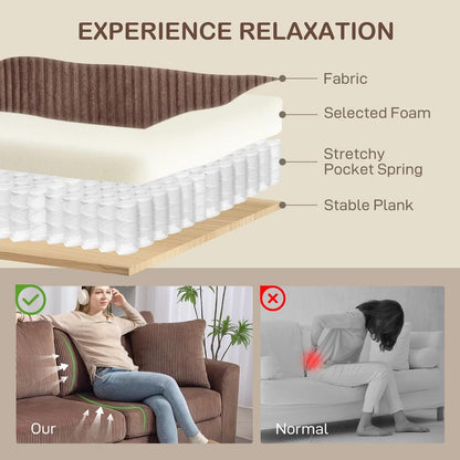 HOMCOM 3 Seater Sofa, 212cm Corduroy Couch with Spring Cushion, Wide and Deep Seat, Plush Backrest, 2 Pillows, Sofa Settee for Living Room, Home Office Additional View 16