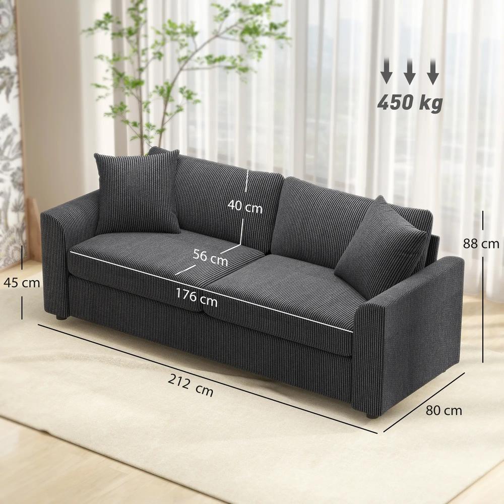 HOMCOM 3 Seater Sofa, 212cm Corduroy Couch with Spring Cushion, Wide and Deep Seat, Plush Backrest, 2 Pillows, Sofa Settee for Living Room, Home Office Additional View 26
