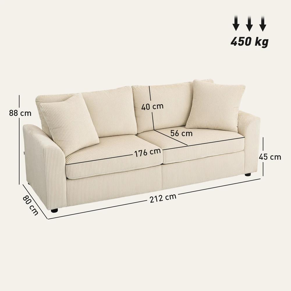 HOMCOM 3 Seater Sofa, 212cm Corduroy Couch with Spring Cushion, Wide and Deep Seat, Plush Backrest, 2 Pillows, Sofa Settee for Living Room, Home Office Additional View 3