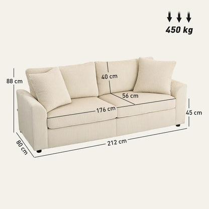 HOMCOM 3 Seater Sofa, 212cm Corduroy Couch with Spring Cushion, Wide and Deep Seat, Plush Backrest, 2 Pillows, Sofa Settee for Living Room, Home Office Additional View 3