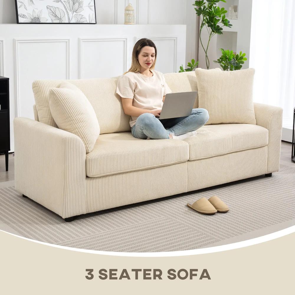 HOMCOM 3 Seater Sofa, 212cm Corduroy Couch with Spring Cushion, Wide and Deep Seat, Plush Backrest, 2 Pillows, Sofa Settee for Living Room, Home Office Additional View 4