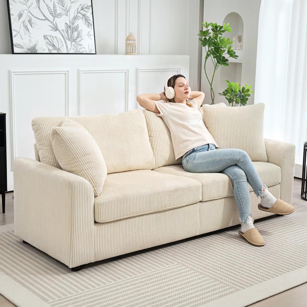 HOMCOM 3 Seater Sofa, 212cm Corduroy Couch with Spring Cushion, Wide and Deep Seat, Plush Backrest, 2 Pillows, Sofa Settee for Living Room, Home Office Additional View 7