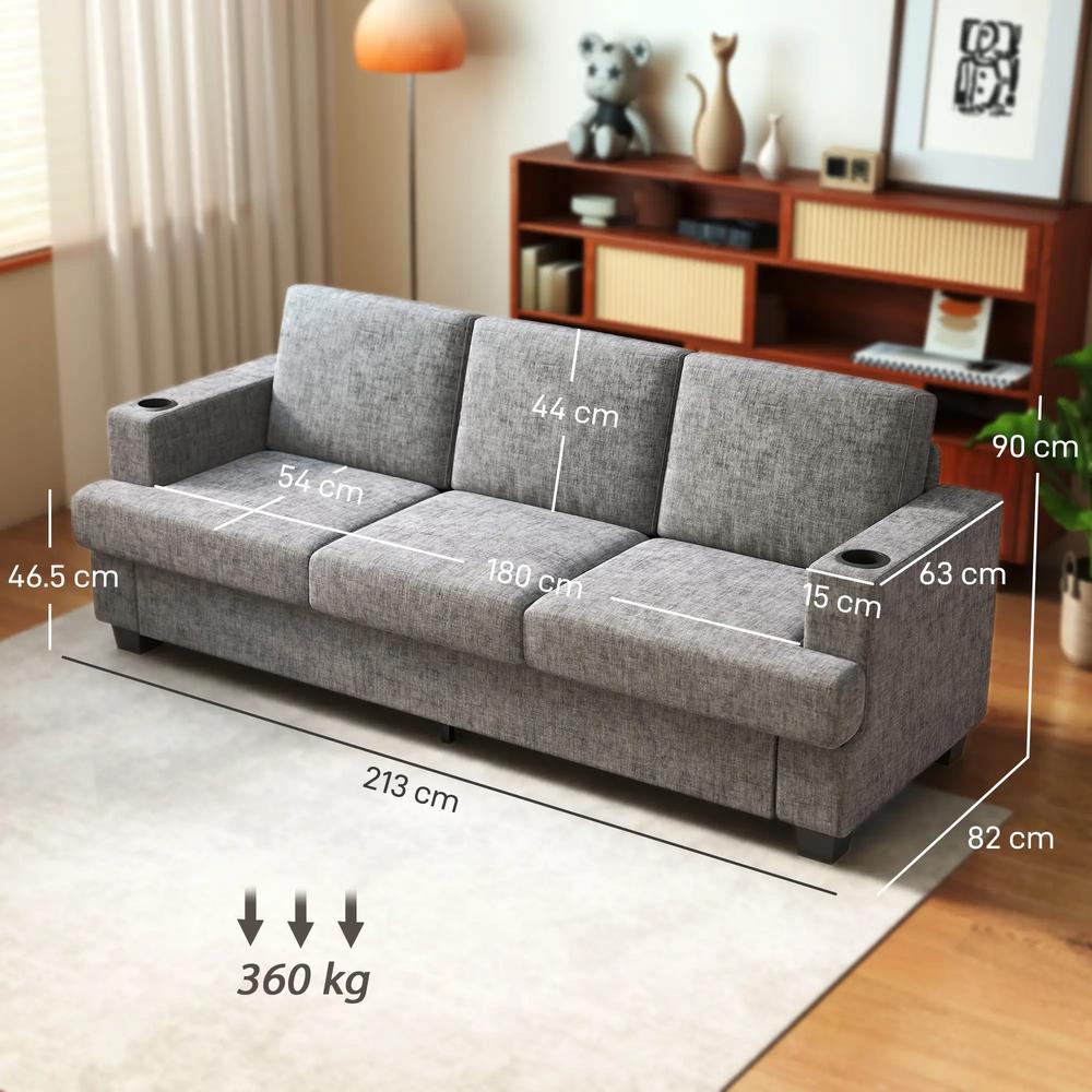 HOMCOM 3 Seater Sofa with USB Ports & Cup Holders Additional View 14