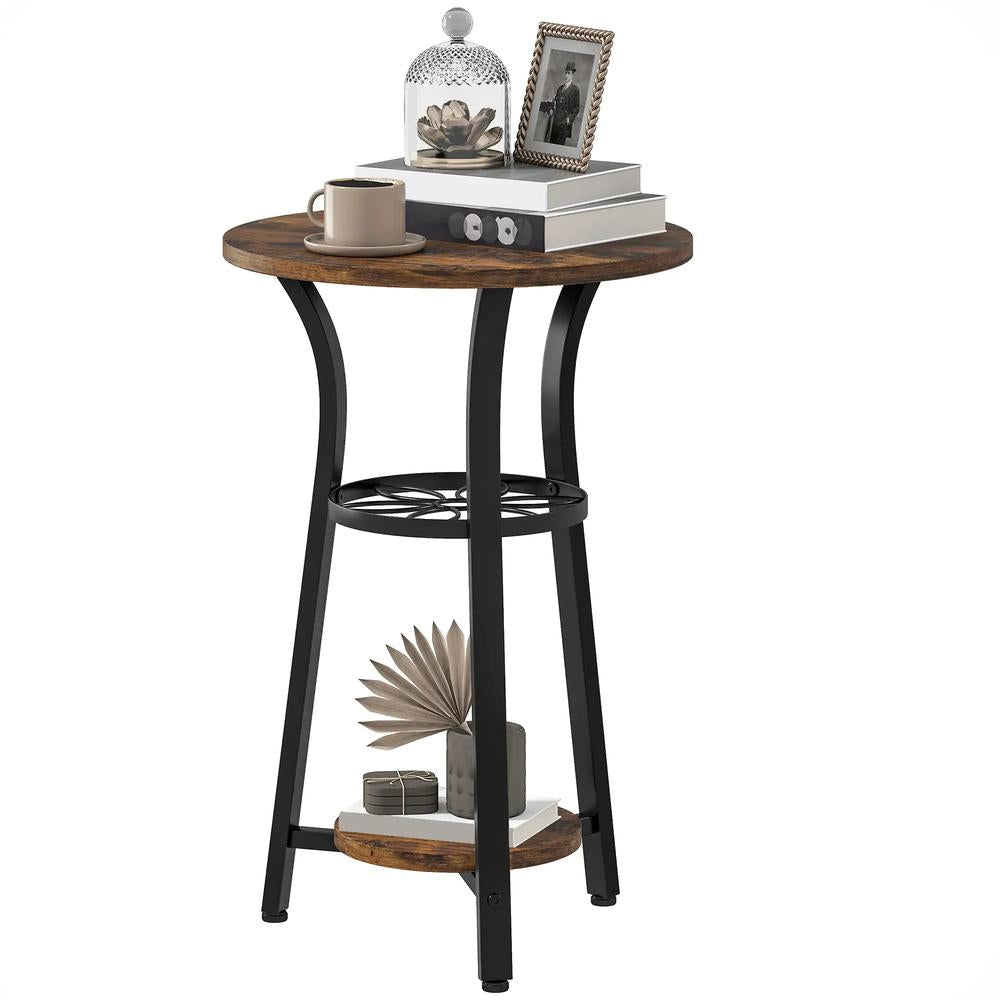 HOMCOM Small Round Side Table with 3 Storage Shelves - Rustic Brown Additional View 11