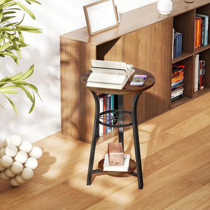 HOMCOM Small Round Side Table with 3 Storage Shelves - Rustic Brown Additional View 2