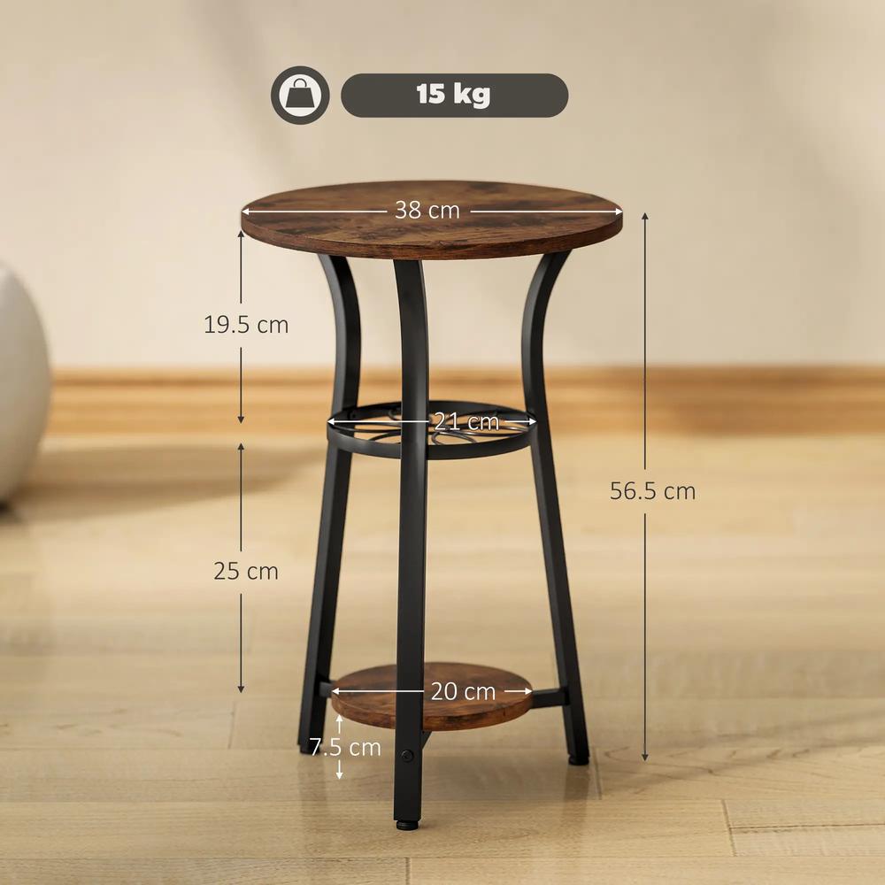 HOMCOM Small Round Side Table with 3 Storage Shelves - Rustic Brown Additional View 3