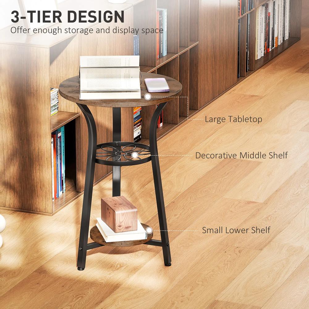 HOMCOM Small Round Side Table with 3 Storage Shelves - Rustic Brown Additional View 4