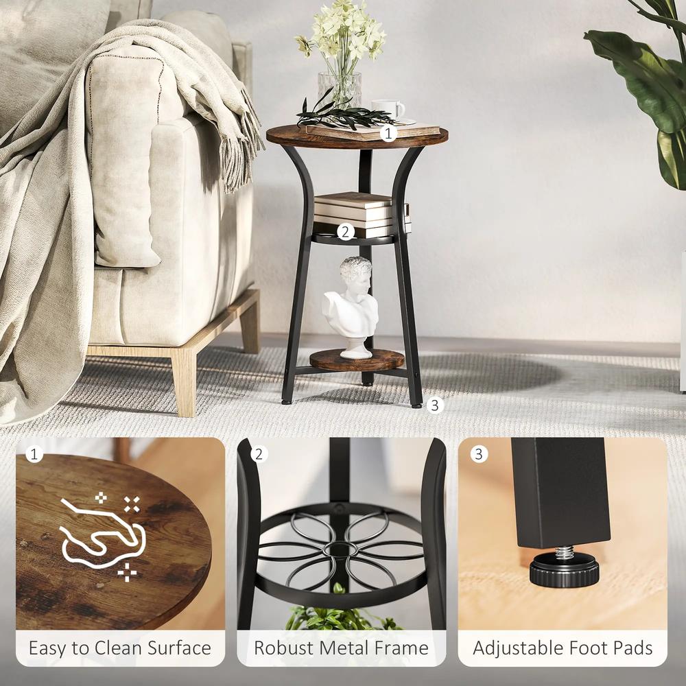 HOMCOM Small Round Side Table with 3 Storage Shelves - Rustic Brown Additional View 5