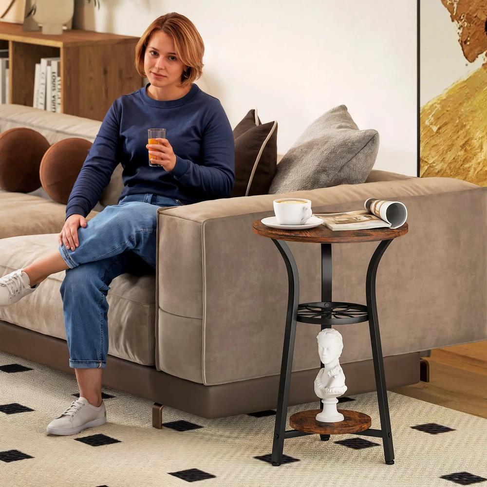 HOMCOM Small Round Side Table with 3 Storage Shelves - Rustic Brown Additional View 6