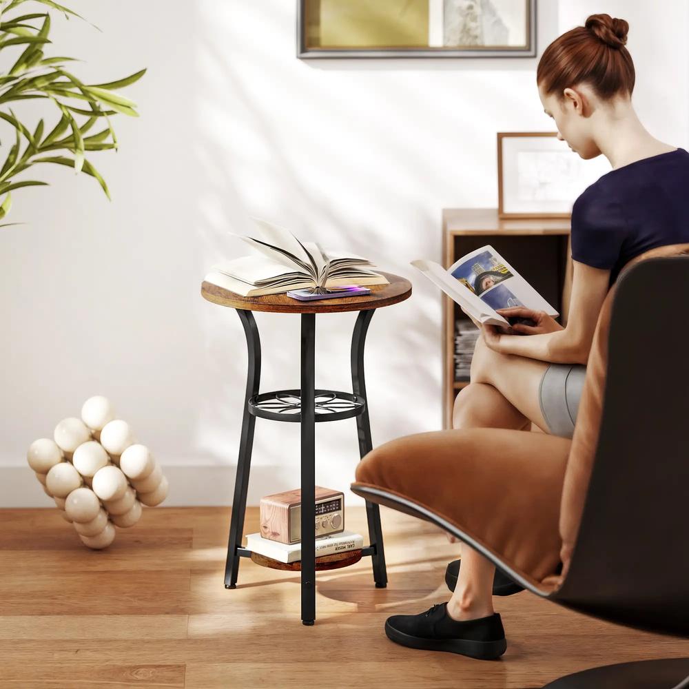 HOMCOM Small Round Side Table with 3 Storage Shelves - Rustic Brown Additional View 7