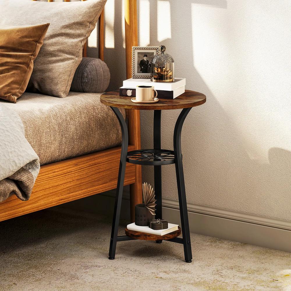 HOMCOM Small Round Side Table with 3 Storage Shelves - Rustic Brown Additional View 8