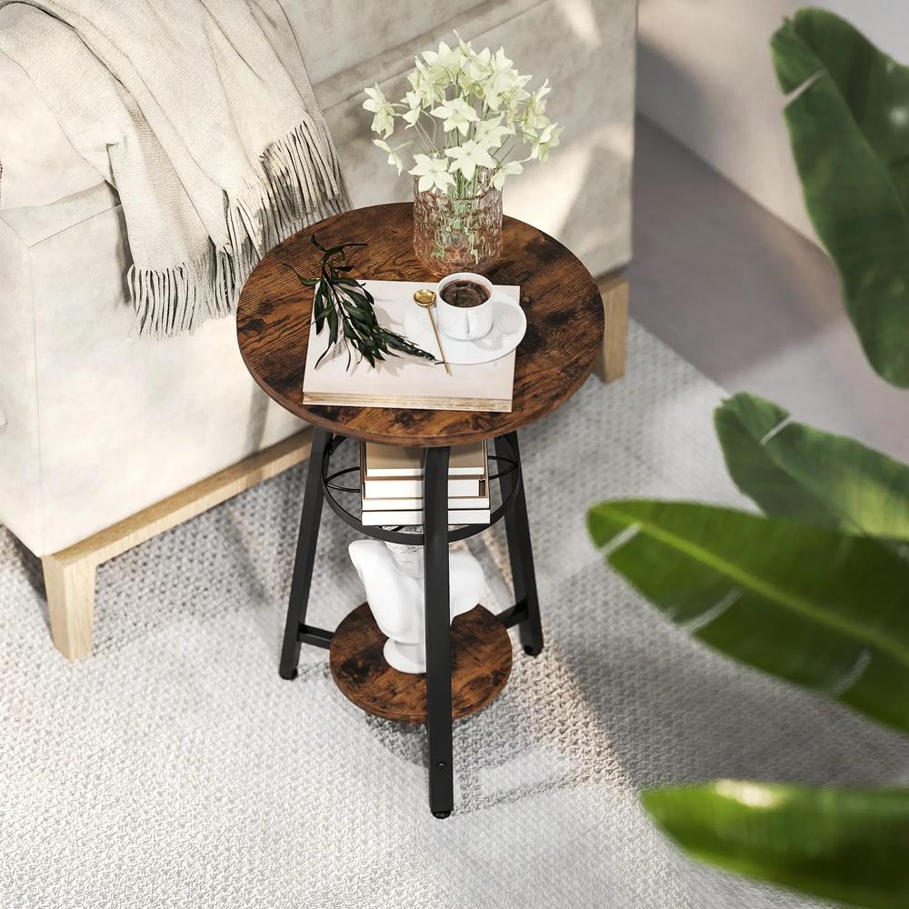 HOMCOM Small Round Side Table with 3 Storage Shelves - Rustic Brown Additional View 9