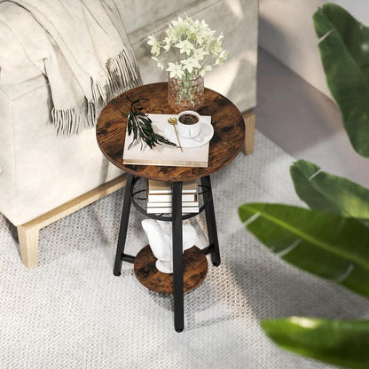 HOMCOM Small Round Side Table with 3 Storage Shelves - Rustic Brown Additional View 9