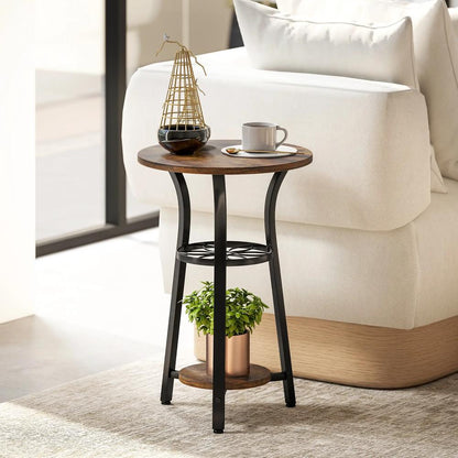 HOMCOM Small Round Side Table with 3 Storage Shelves - Rustic Brown Additional View 10