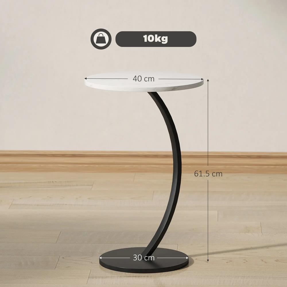HOMCOM C Shaped Side Table, Round Bedside Table with Marble Effect Top, Modern Coffee Table Sofa End Table with Metal Frame for Living Room Bedroom Office, White Additional View 3