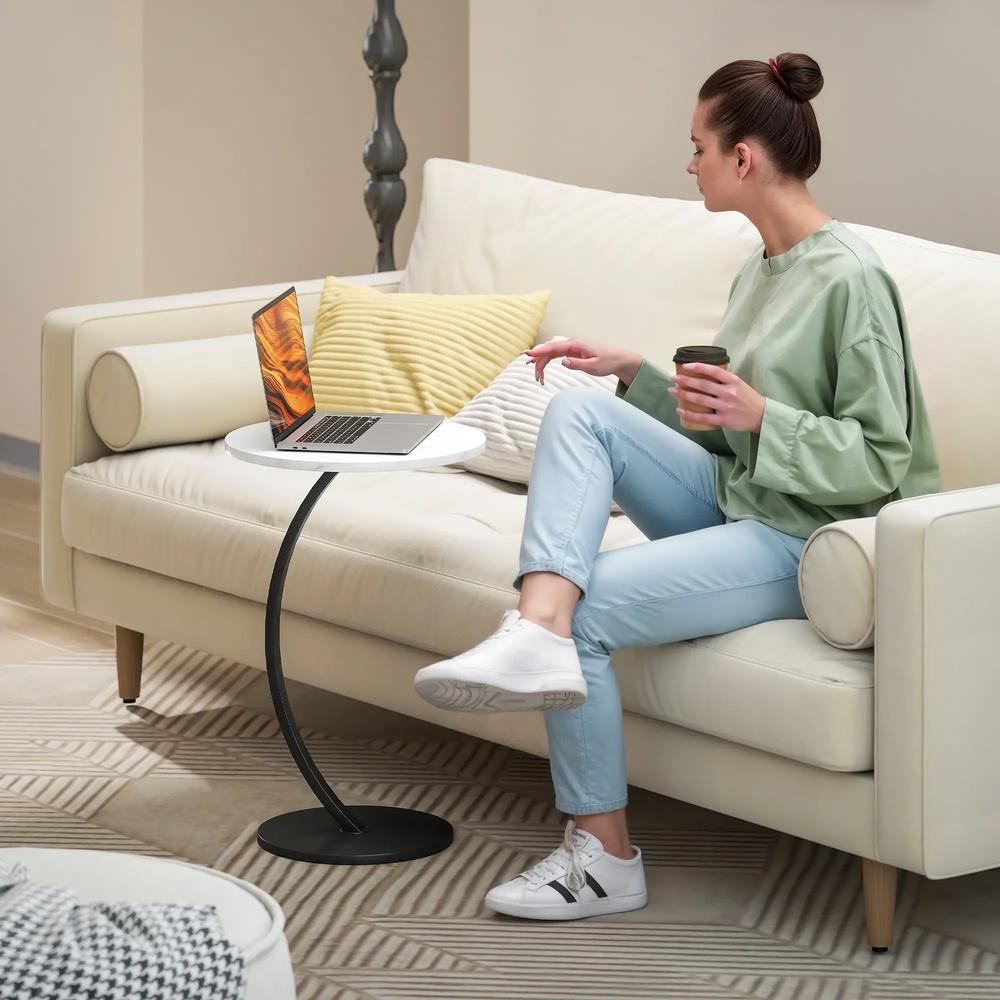 HOMCOM C Shaped Side Table, Round Bedside Table with Marble Effect Top, Modern Coffee Table Sofa End Table with Metal Frame for Living Room Bedroom Office, White Additional View 7