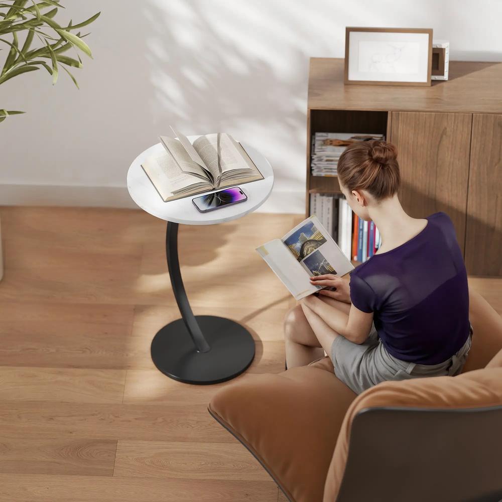HOMCOM C Shaped Side Table, Round Bedside Table with Marble Effect Top, Modern Coffee Table Sofa End Table with Metal Frame for Living Room Bedroom Office, White Additional View 8