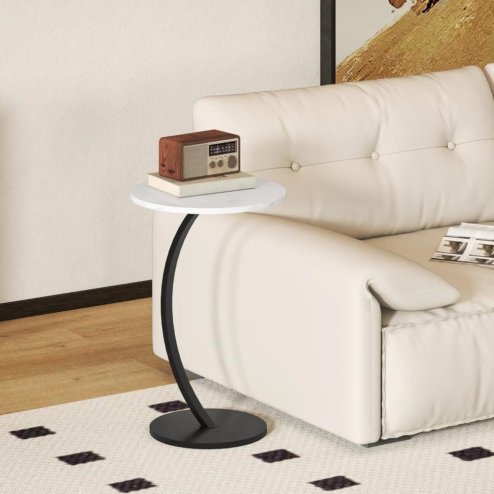 HOMCOM C Shaped Side Table, Round Bedside Table with Marble Effect Top, Modern Coffee Table Sofa End Table with Metal Frame for Living Room Bedroom Office, White Additional View 10