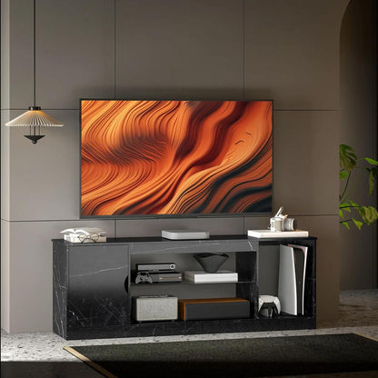 HOMCOM TV Stand Cabinet, Marble Effect TV Unit for up to 55" TVs with Glass Shelf and Storage Cabinet, Entertainment Unit for Living Room, Bedroom, Black Additional View 2
