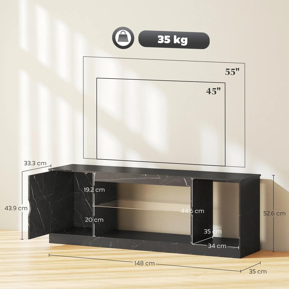 HOMCOM TV Stand Cabinet, Marble Effect TV Unit for up to 55" TVs with Glass Shelf and Storage Cabinet, Entertainment Unit for Living Room, Bedroom, Black Additional View 3