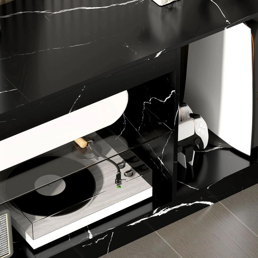 HOMCOM TV Stand Cabinet, Marble Effect TV Unit for up to 55" TVs with Glass Shelf and Storage Cabinet, Entertainment Unit for Living Room, Bedroom, Black Additional View 8