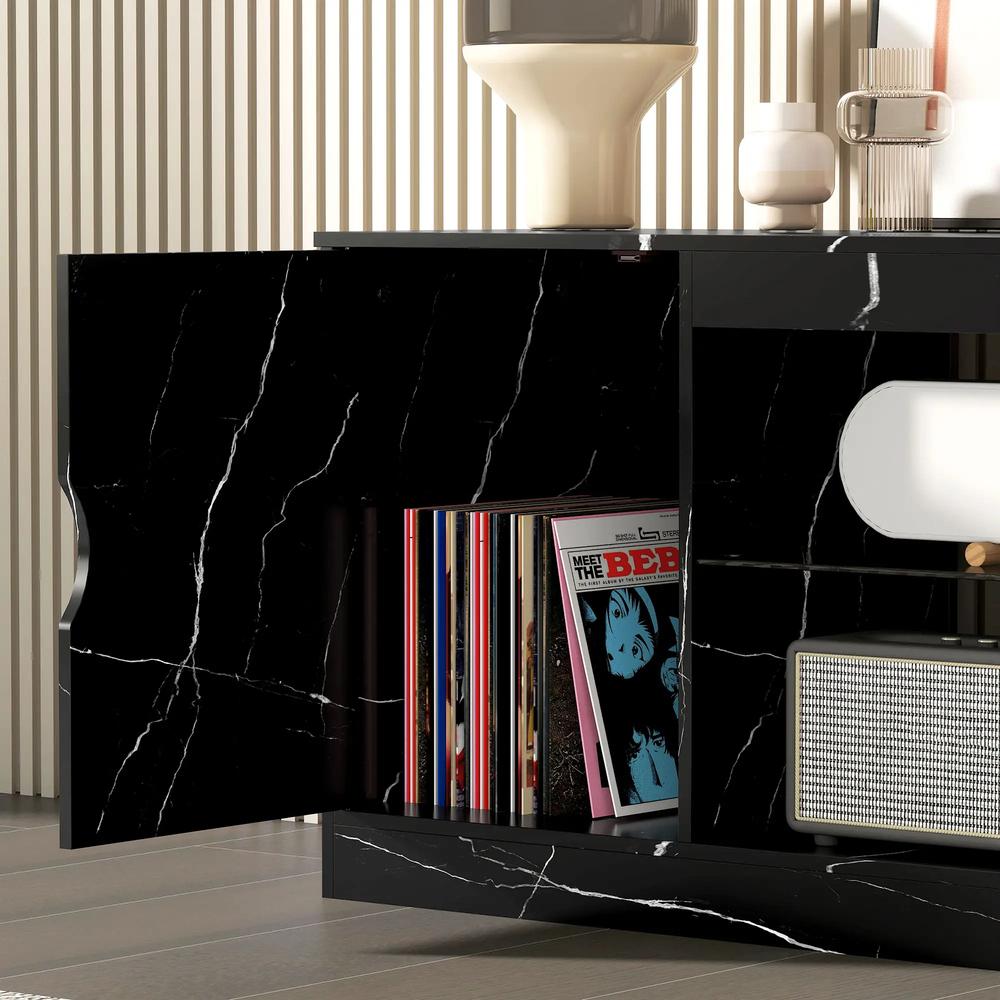 HOMCOM TV Stand Cabinet, Marble Effect TV Unit for up to 55" TVs with Glass Shelf and Storage Cabinet, Entertainment Unit for Living Room, Bedroom, Black Additional View 9