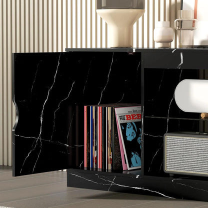 HOMCOM TV Stand Cabinet, Marble Effect TV Unit for up to 55" TVs with Glass Shelf and Storage Cabinet, Entertainment Unit for Living Room, Bedroom, Black Additional View 9