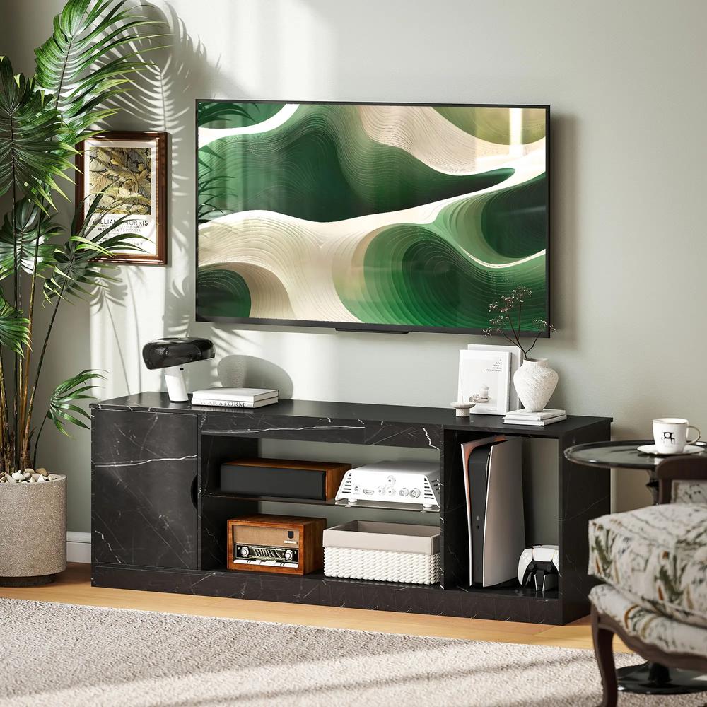 HOMCOM TV Stand Cabinet, Marble Effect TV Unit for up to 55" TVs with Glass Shelf and Storage Cabinet, Entertainment Unit for Living Room, Bedroom, Black Additional View 10
